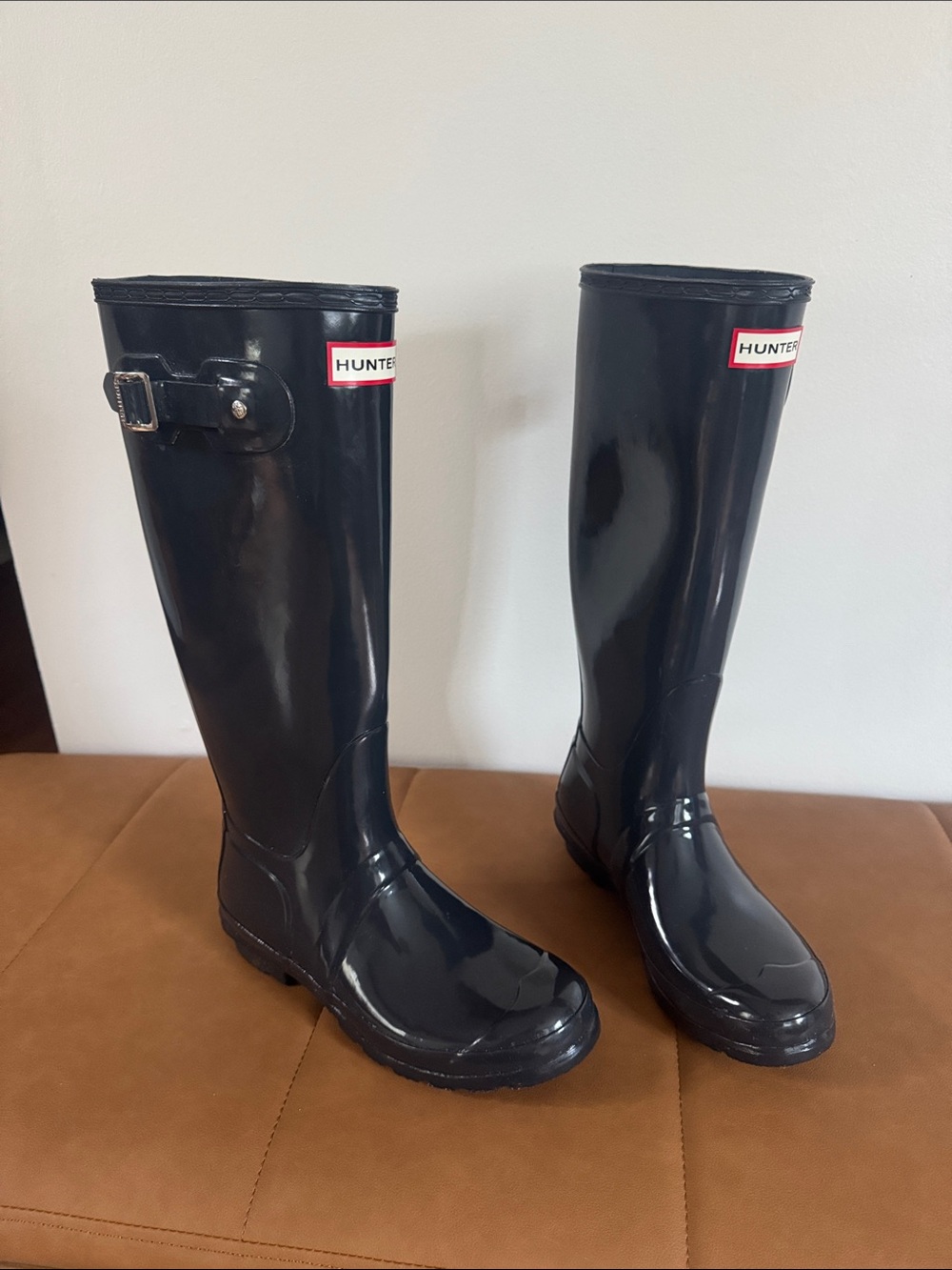 Hunter Black Gloss Knee-High Rain Boots with Side Buckle